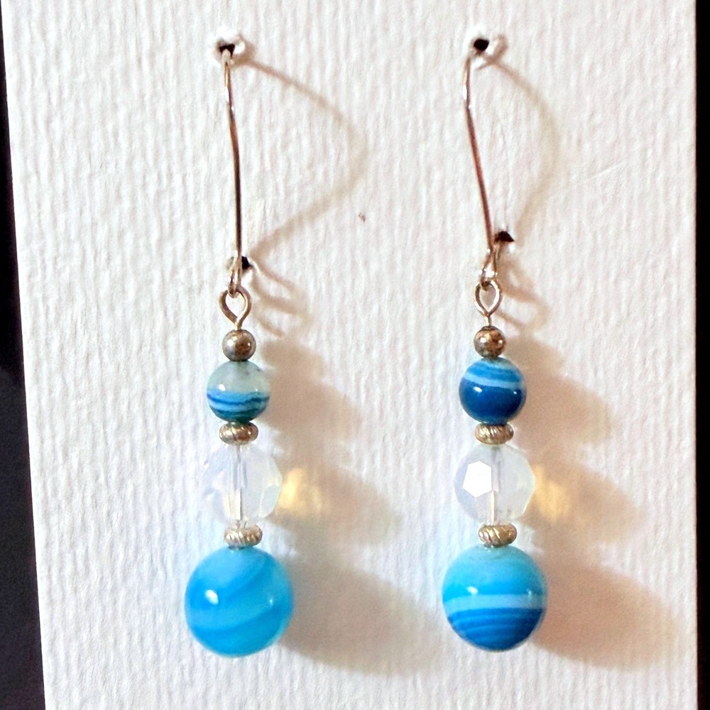 Blue‎ Banded Agate Crystal Drop Earrings Artisan Dangle Stephanie Aune   J3036